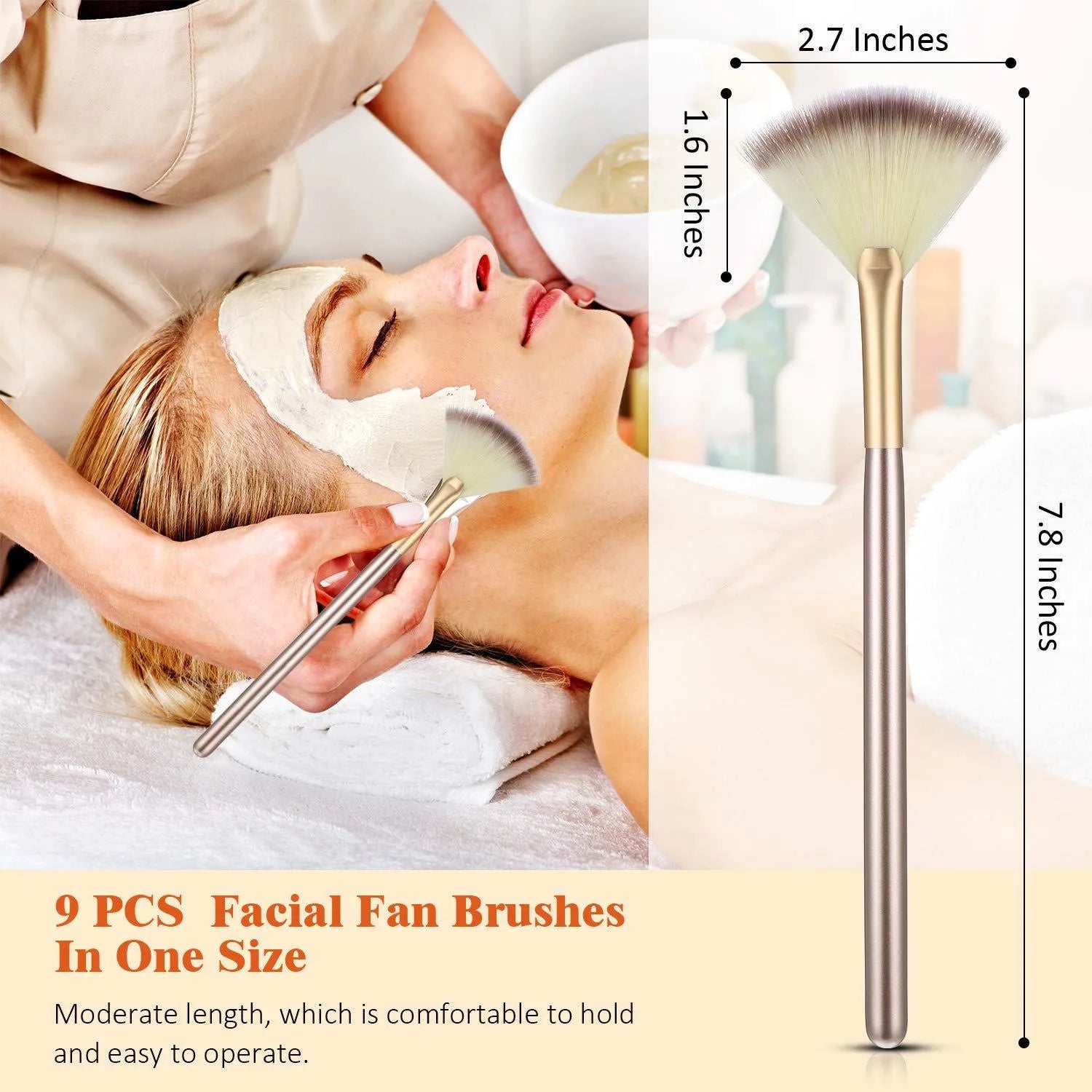 10 professional facial fan brushes with champagne finish and acrylic handles for makeup and facial treatments