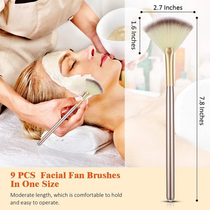 10 professional facial fan brushes with champagne finish and acrylic handles for makeup and facial treatments