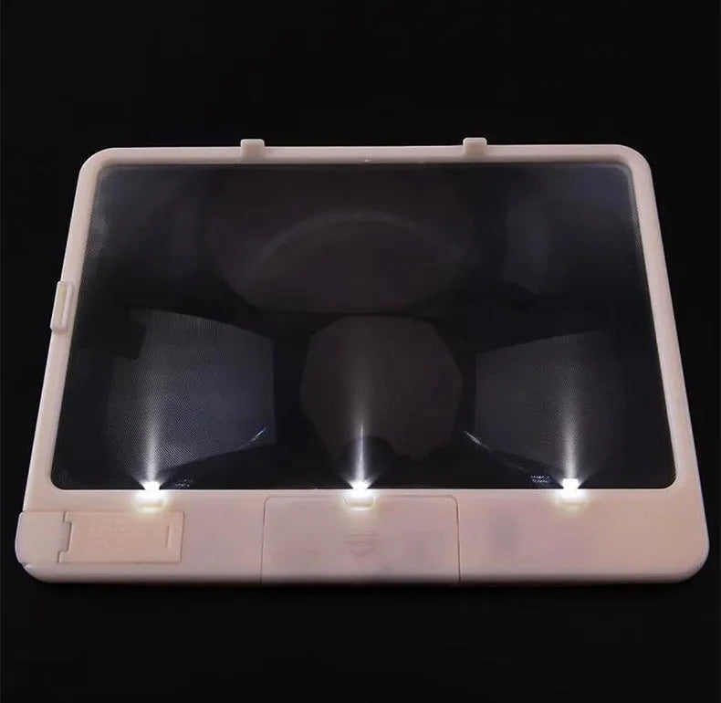Black desktop LED magnifying glass with 3x magnification and a large 180x140mm PVC lens lit by three white LEDs.