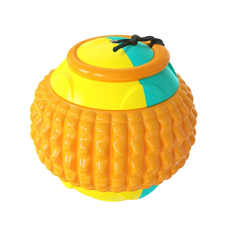 Interactive dog toy with retractable throwing ball, textured dental chew surface, and durable ABS construction