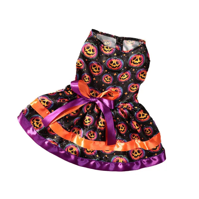 Halloween dog skirt with colourful pumpkin design, double-layer construction, elastic waistband on small dog