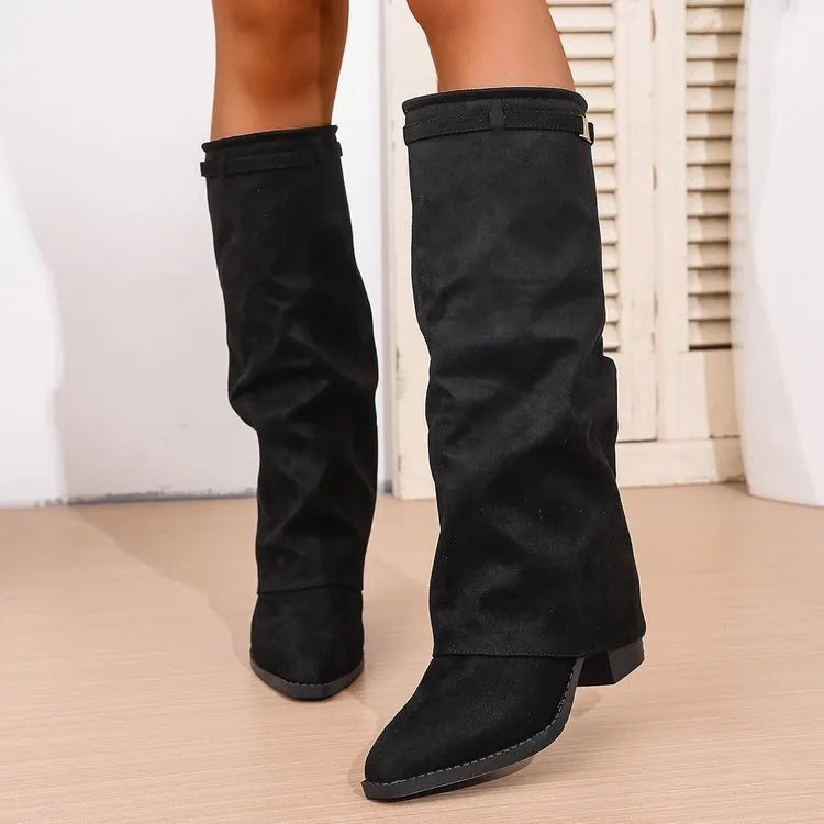 Men's pointed toe high tube pants boots with pleated chunky heel, artificial PU upper, beige colour