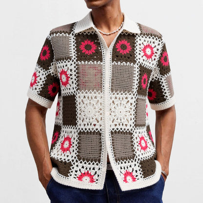 White crocheted bandage dress sweater with ethnic pattern and short sleeves