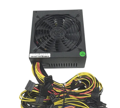 Black high-wattage server computer power supply unit with multiple cable connectors.