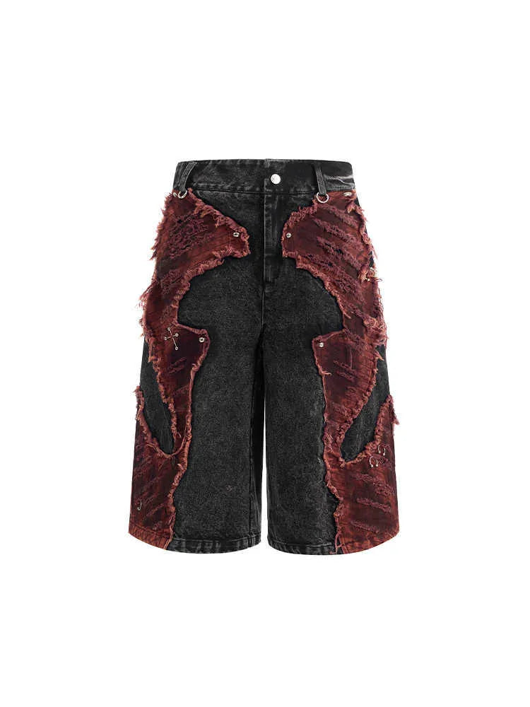 Women's distressed denim cropped wide-leg pants with brushed stitching and mid-high waist