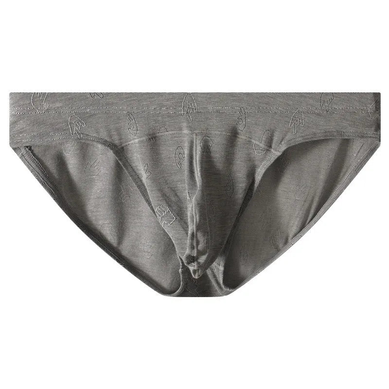 Modal low waist briefs in dark gray, green, sky blue, pink, and colorful blue with jacquard ice silk finish, sizes M to XXL.
