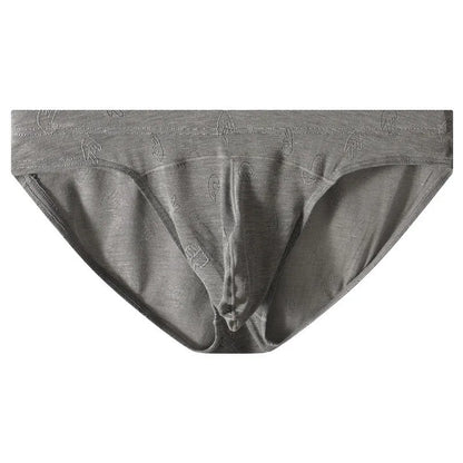 Modal low waist briefs in dark gray, green, sky blue, pink, and colorful blue with jacquard ice silk finish, sizes M to XXL.