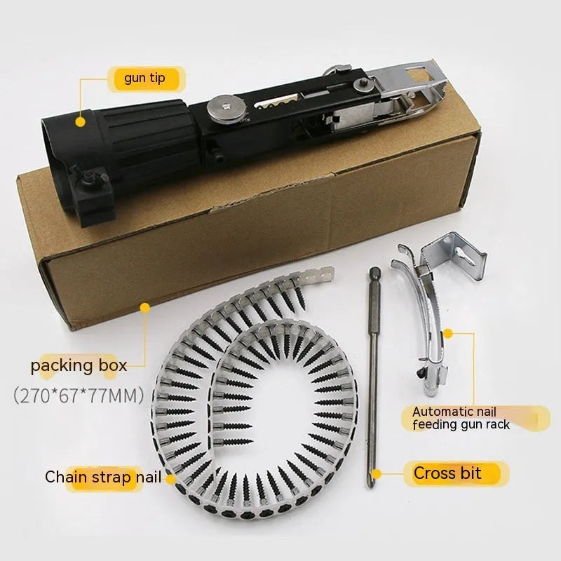 Chain screw gun head accessory for electric screwdriver nail gun conversion