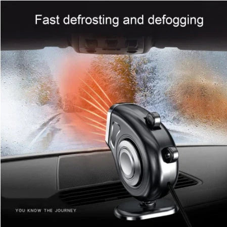 Dual-function car heater and defroster with adjustable mount, designed to quickly remove frost and fog for improved visibility and provide reliable heating for year-round comfort.