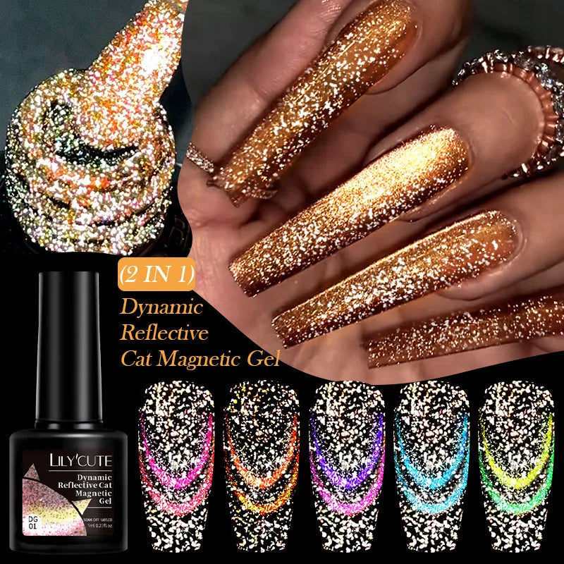 Diamond debris glitter cat eye nail polish gel in six fluorescent colours with nail glue
