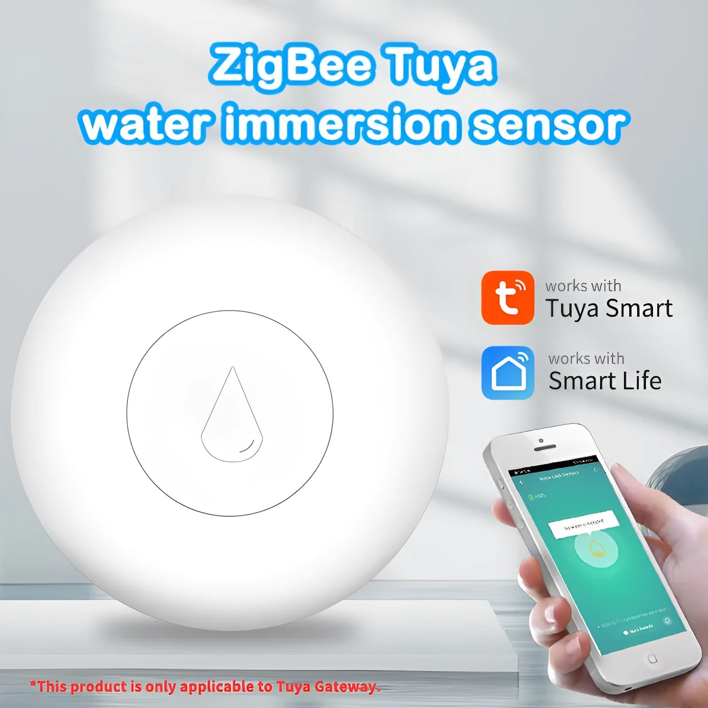 A small, white, rectangular Zigbee wireless water flood sensor for smart homes.