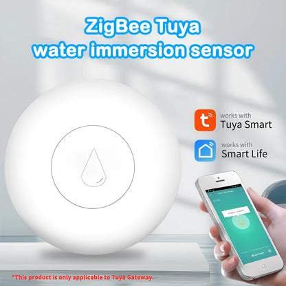 A small, white, rectangular Zigbee wireless water flood sensor for smart homes.