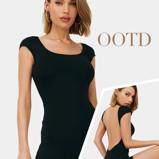 Stylish backless jumpsuit in black with short sleeves, perfect for vacation and summer activities.