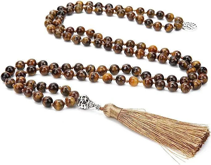 Handmade long stone beaded necklace with 108 8mm beads in a choice of 12 natural colours.