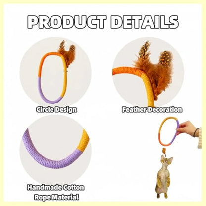Green circular cotton rope cat toy with feathers and catnip for dental play