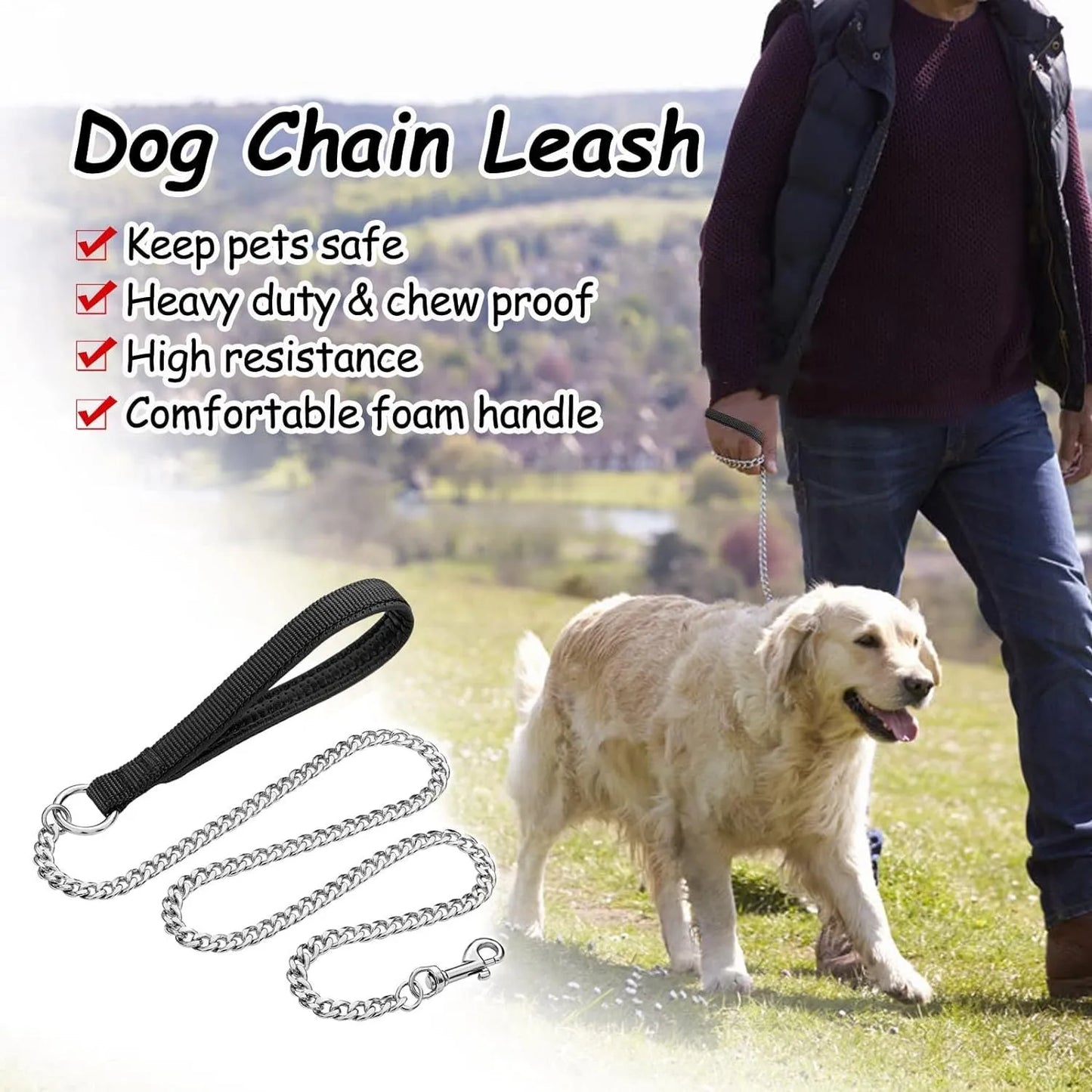 Heavy duty metal dog leash with black chain and soft padded handle, measuring 120cm in length
