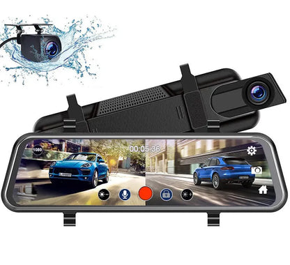 10-inch full screen car dash camera with front and rear 1080p recording on touch screen display