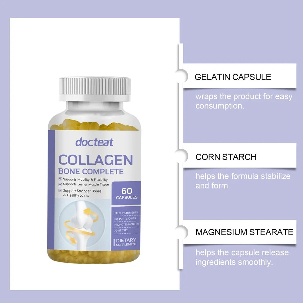 Bottle of 60 collagen capsules with marine collagen and multivitamin complex