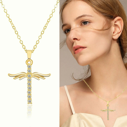 Elegant angel wings cross pendant necklace made of high-quality alloy in gold and silver tones, with adjustable chain length.