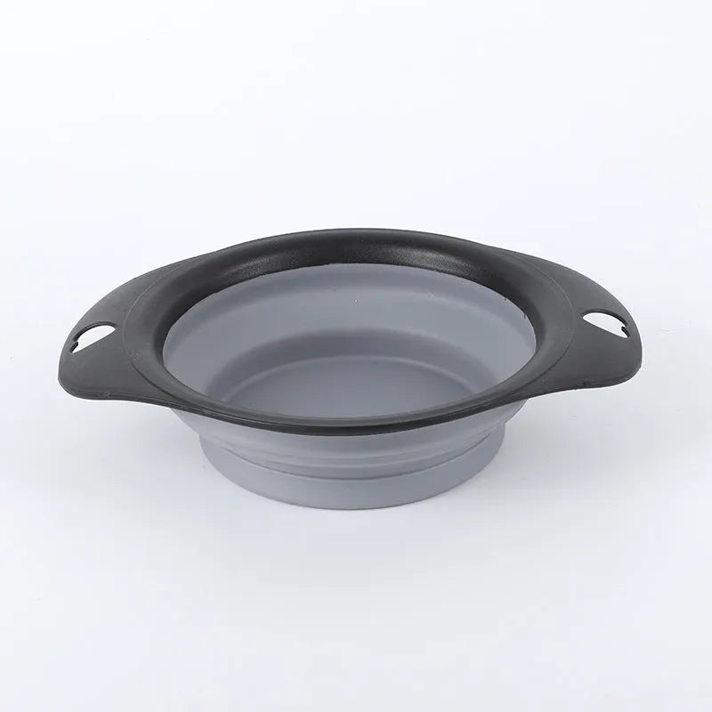 Green silicone pet bowl shown in its full size and collapsed flat for storage.