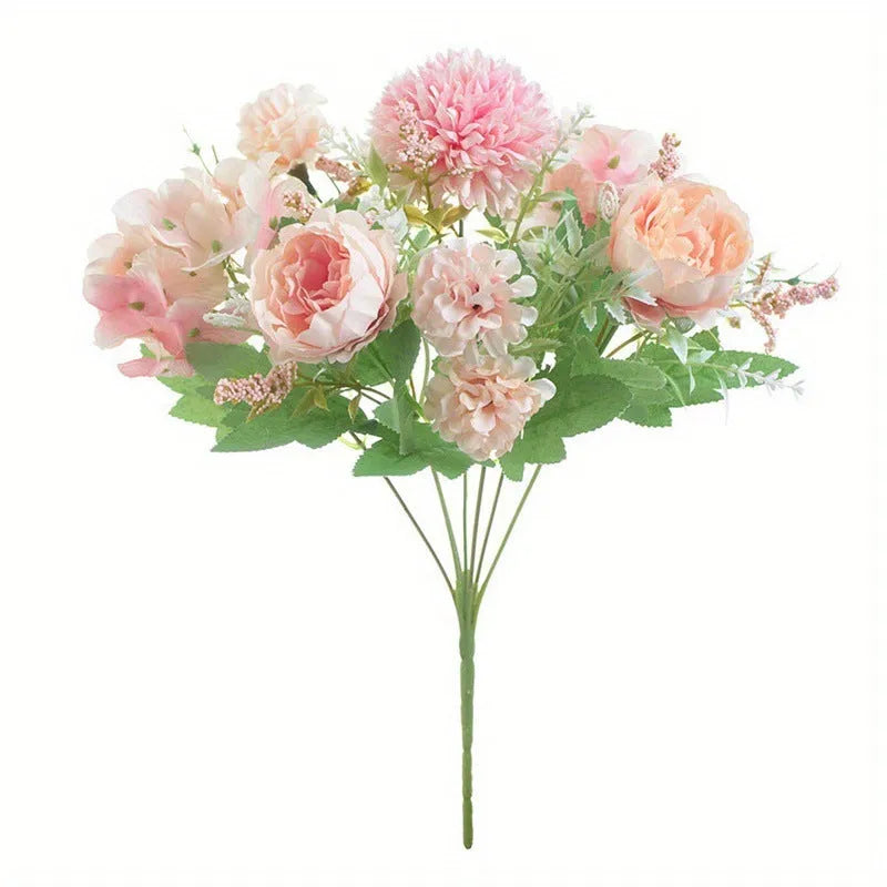 Combination artificial hydrangea flower arrangement in silk and plastic, shown in one of five available colours.
