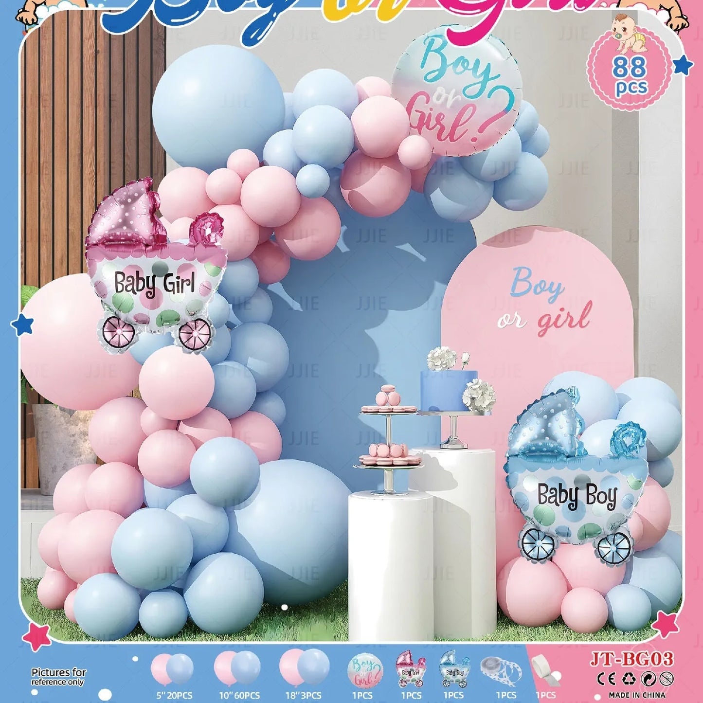 Baby gender reveal balloon decoration suit with metallic aluminium film balloons in pink and blue