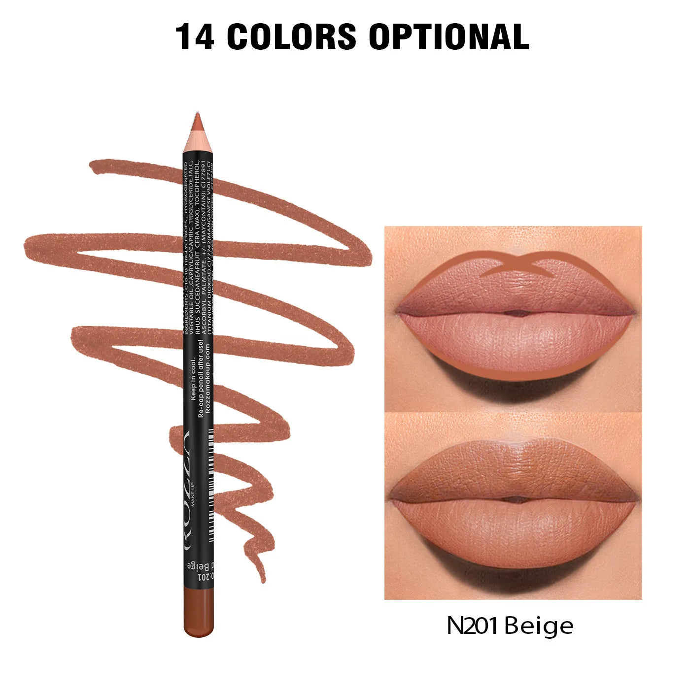 Matte finish lip liner pencil shown in a case, with 14 shade options from 201 to 214 for lip contouring.