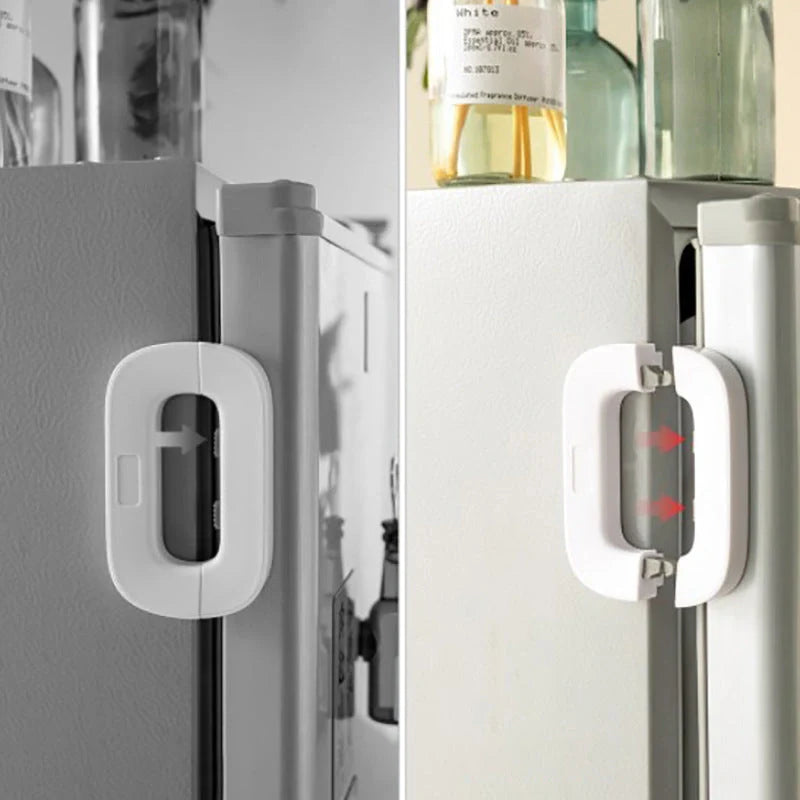 Child safety refrigerator lock for baby-proofing cabinets in white and grey