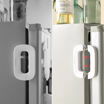 Child safety refrigerator lock for baby-proofing cabinets in white and grey