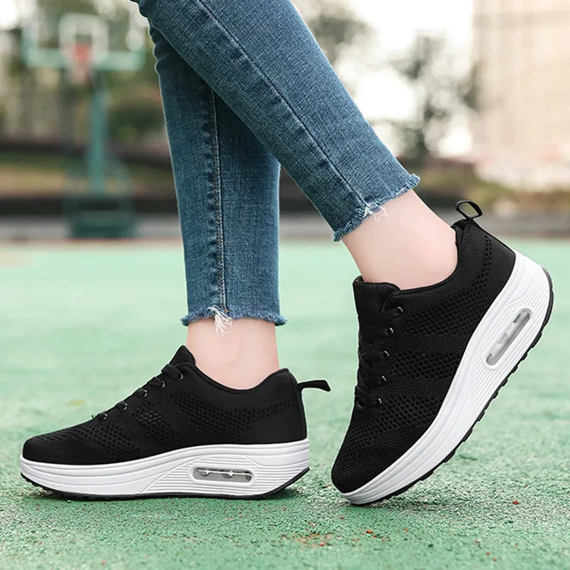 Women's Casual Shoes Flyknit Platform Air Cushion Vulcanized Sole Shoes in Purple Black Pink White Colour Options for Height Increase Comfort and Everyday Wear with Hollow Pattern and T-Shaped Ribbon Detailing