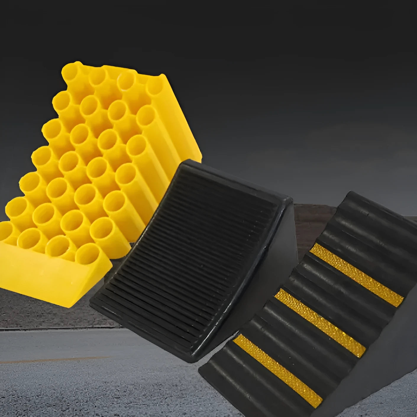 Portable car anti-slip retainer wedge with isosceles triangle design on a ramp.
