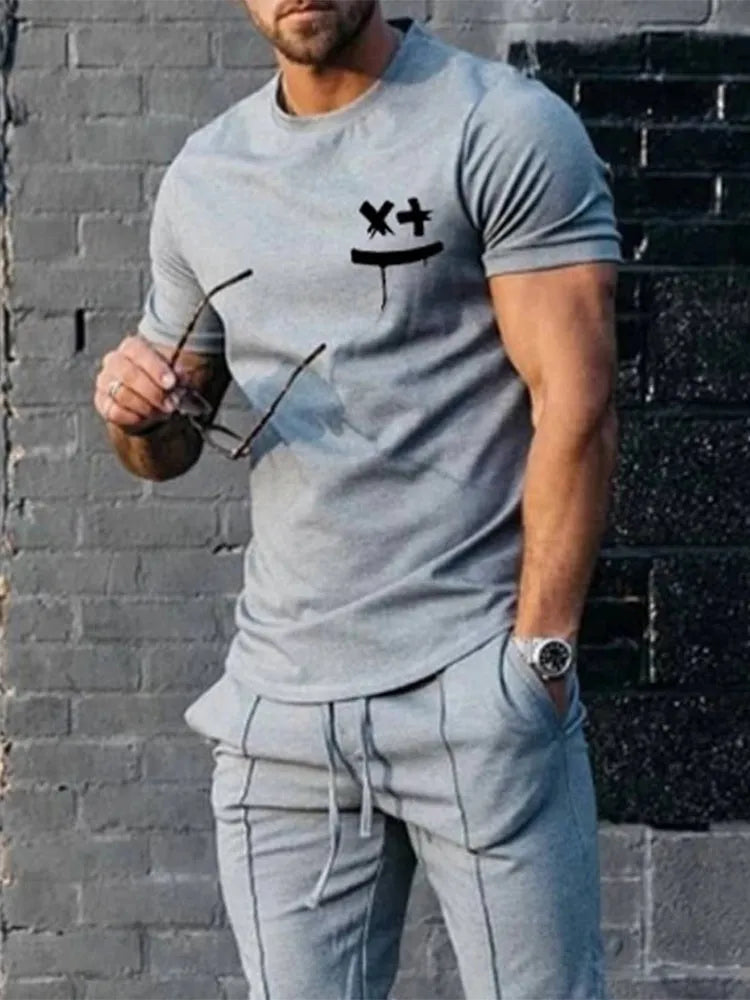 Men's grey short sleeve T-shirt tracksuit set with full-length trousers, chemical fiber blend, sizes S to XXXL