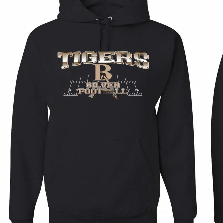 Black men's pullover hoodie with drop-shoulder sleeves and long sleeves on a mannequin.