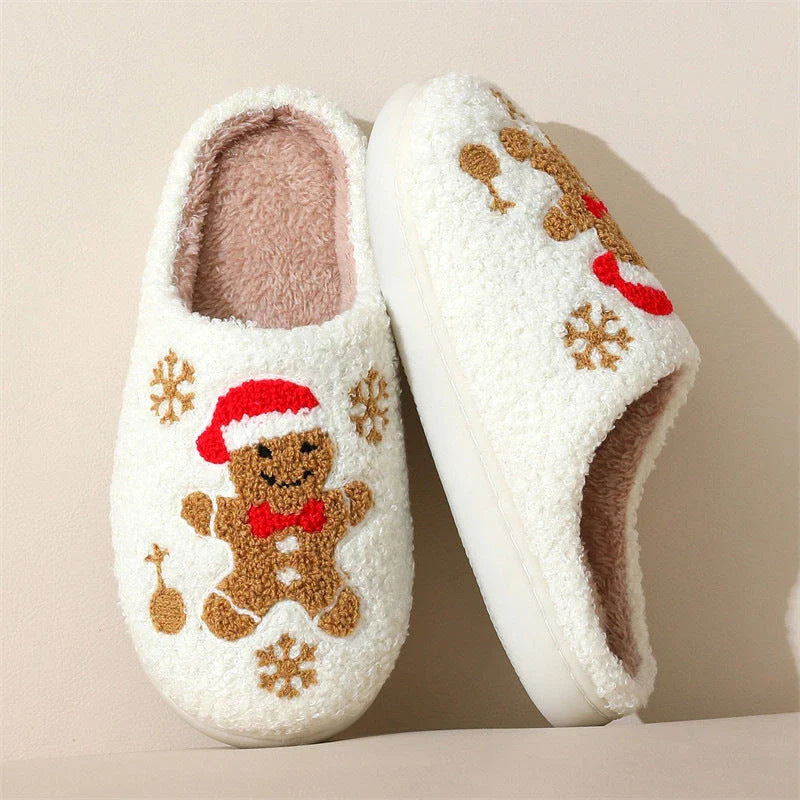 Festive Snowflake Gingerbread Slippers with plush upper and non-slip sole for cozy indoor wear