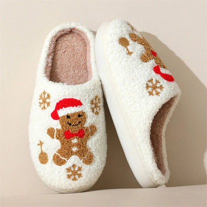 Festive Snowflake Gingerbread Slippers with plush upper and non-slip sole for cozy indoor wear