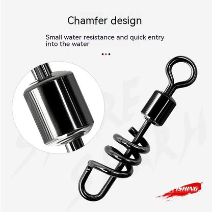 Stainless steel 8-shaped fishing swivel connector on a blue background, showing double-ring design and barrel swivel.