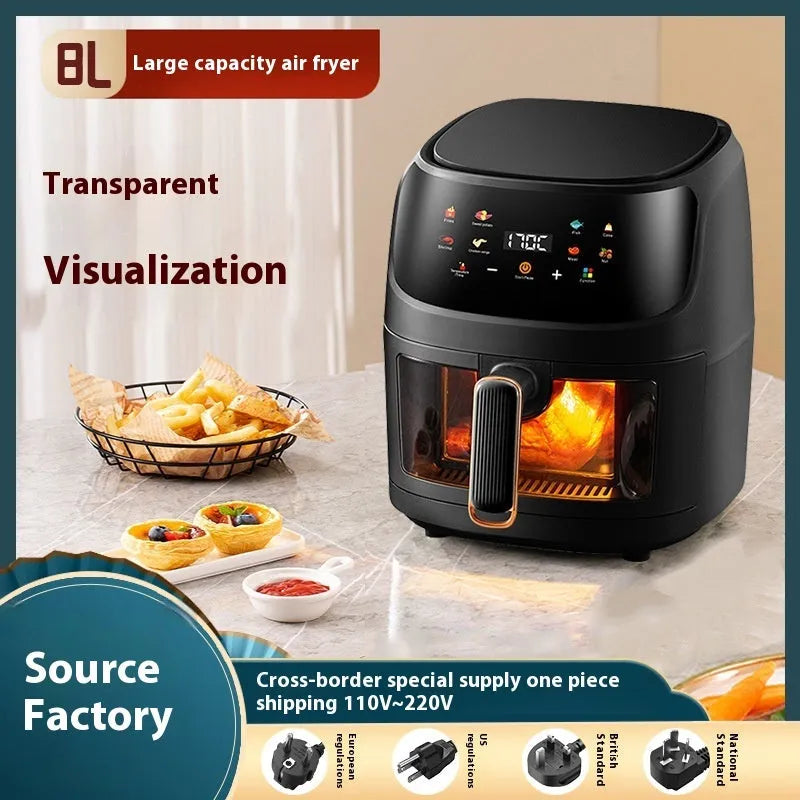 Black 8L air fryer with visual touch screen and 1400W power, product size 320x270x272mm