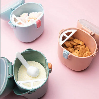 Large portable airtight baby milk powder container with scoop in peacock blue, olive green, and rouge powder