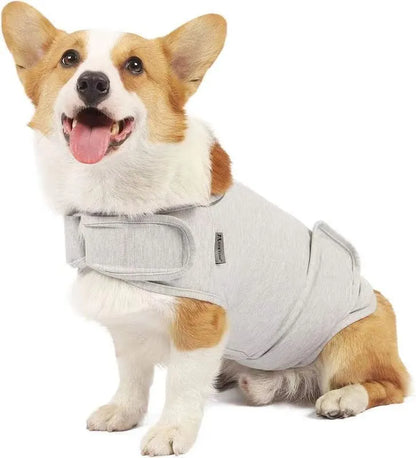 Dog wearing brown anxiety compression vest tank top for separation anxiety relief