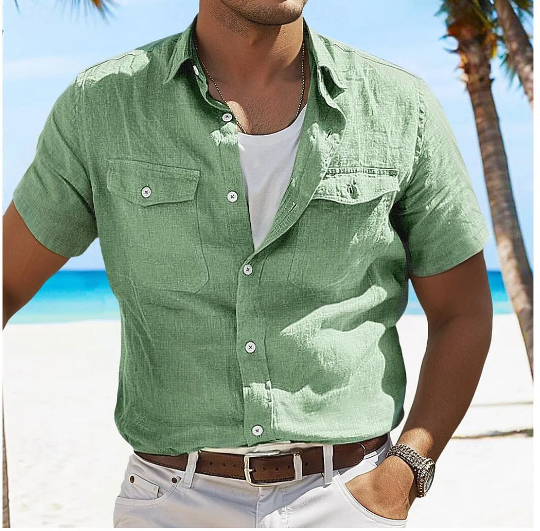 Men's loose cotton cardigan shirt with polo collar in solid colour options