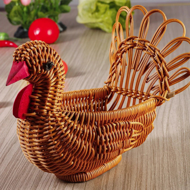 Deer-shaped rattan fruit basket in natural khaki, perfect for fresh produce storage and home decor