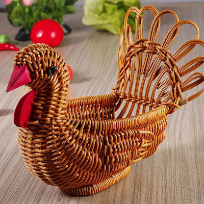 Deer-shaped rattan fruit basket in natural khaki, perfect for fresh produce storage and home decor