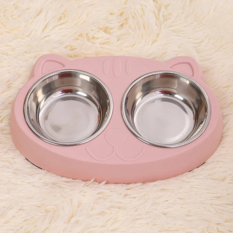 Stainless steel cat face bowl for cats in blue, green, or pink, single pet tableware bowl