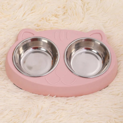 Stainless steel cat face bowl for cats in blue, green, or pink, single pet tableware bowl