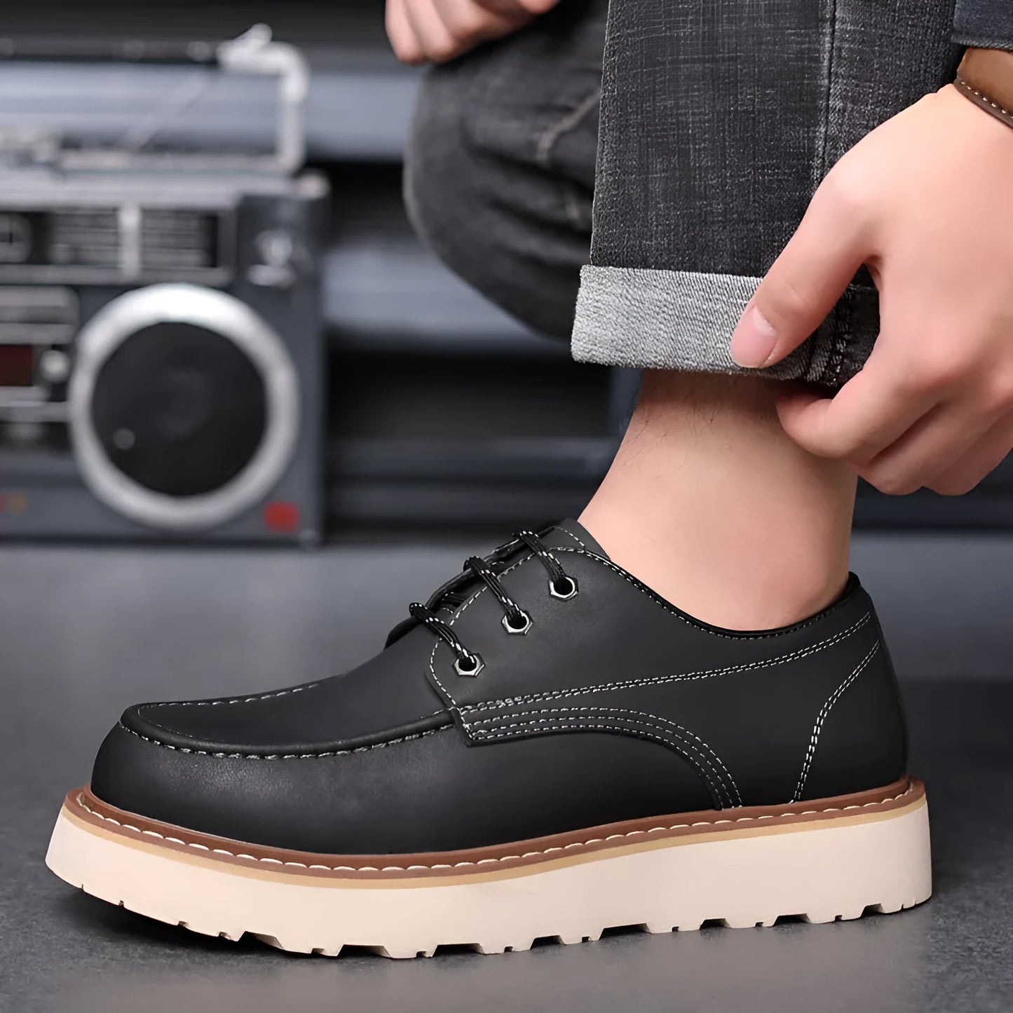 Men's black low-top Martin boot with round toe and non-slip rubber sole on a white background.