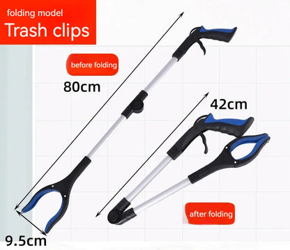 Foldable aluminium garbage clamp with a blue handle, shown extended and with a magnet sucker on the head.