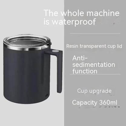 White automatic stirring coffee cup with magnetic base on a wooden table, showing simple solid-colour design.