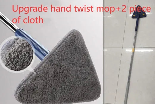 Blue extendable triangle cleaning mop with rotating head on a stainless steel pole.