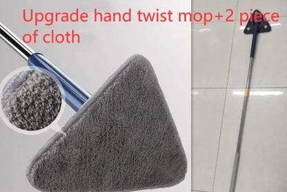 Blue extendable triangle cleaning mop with rotating head on a stainless steel pole.