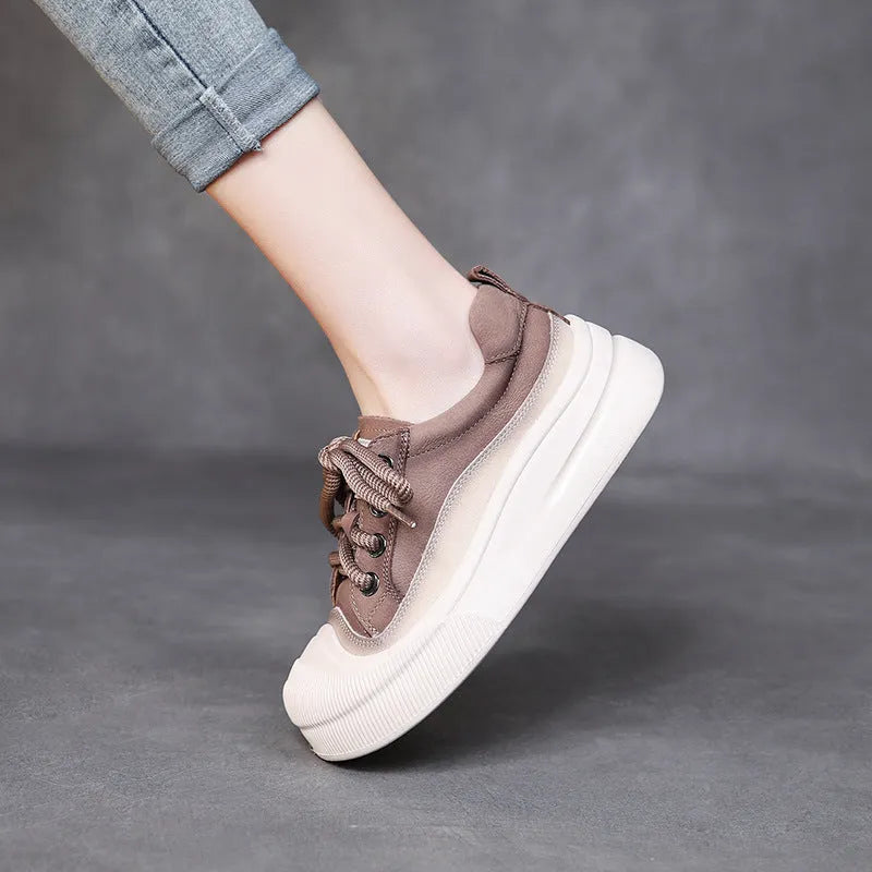 Women's yellow and brown cow leather lace-up casual shoes with round toe